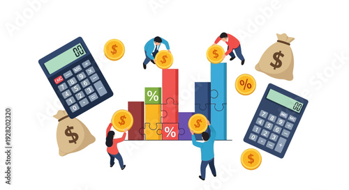 Financial Analysis and Planning Scene with People Working on Statistics and Finance Data