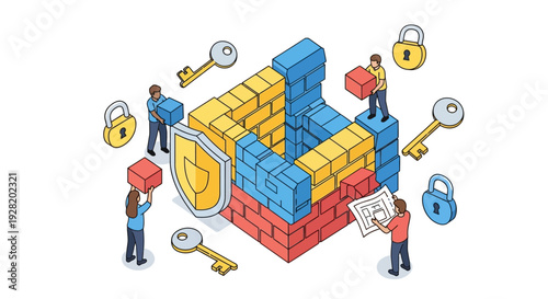People working together to secure data storage with locks and shields in a digital illustration