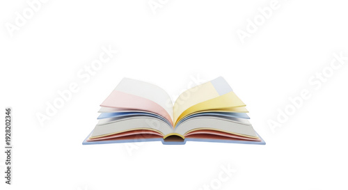 An open book revealing colorful pages and a ribbon bookmark. isolated on transparent background