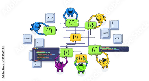 Infographic illustrating complex system with colorful robots and interconnected diagrams from a top-down viewpoint