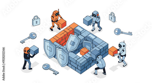Workers constructing a vault with security features and protective measures in place, viewed from above