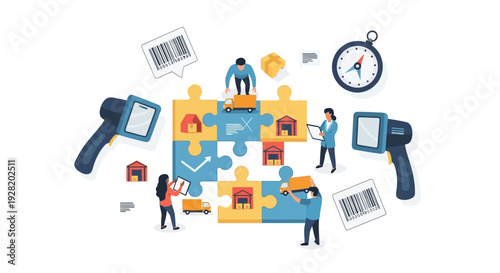 Team members collaborating on puzzle pieces representing workflow management and logistics