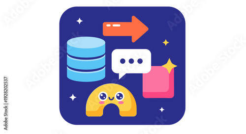 Data storage and communication elements represented by icons and symbols in a digital illustration