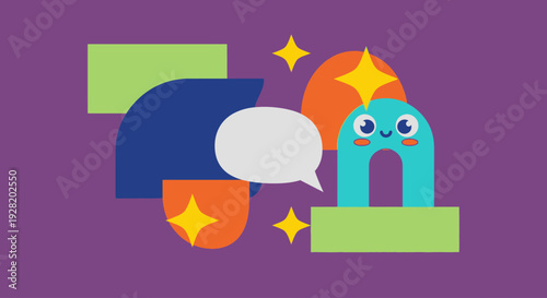 A cartoon monster communicating through a speech bubble surrounded by colorful shapes and stars on a purple background viewed from directly above