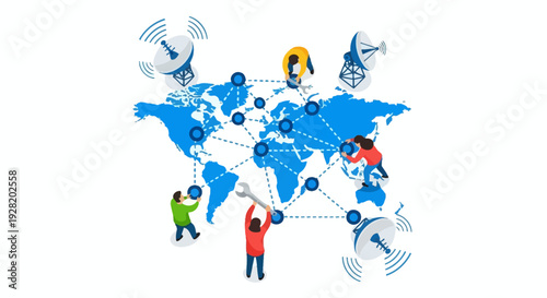 Global connectivity illustration showing people communicating across a digital world map with wireless signals and network connections