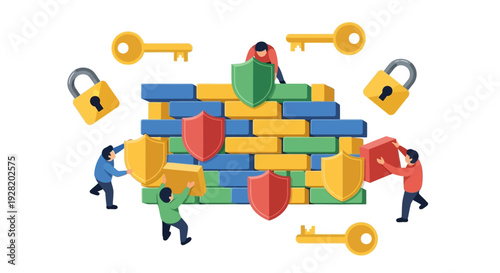 Teamwork and security measures protecting data with shields and keys in a collaborative environment from a top-down viewpoint