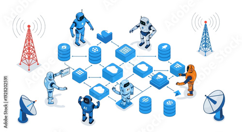 Robots interacting with databases and communication towers in a futuristic network environment from an aerial viewpoint