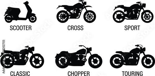 Motorcycle types silhouette collection showing scooter cross sport classic chopper touring bikes, black vector transportation icons set isolated
