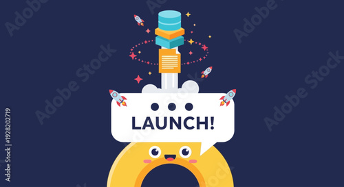 A cartoon character launches a rocket from a circular platform with excitement and energy