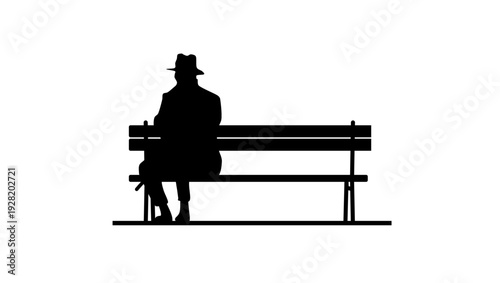 A man sits on a street bench ,black isolated silhouette