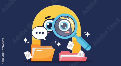 A cartoon character examines documents with a magnifying glass, conveying investigation and analysis in a digital workspace.