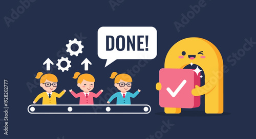 A large character holding a checklist with three smaller characters celebrating achievement on a conveyor belt with cogs and a DONE speech bubble