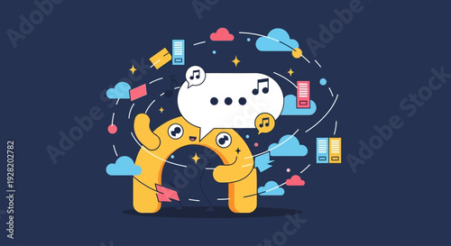 Cartoon handshake illustration of yellow hands shaking in center, surrounded by cryptocurrency icons on dark blue background, viewed from front