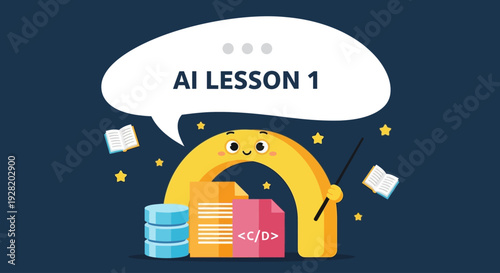 Cartoon AI lesson slide featuring speechbubble, smiling arch, stacked disks, code rectangle, and star accents on dark blue background