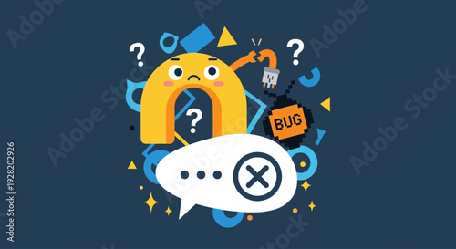 A chaotic cartoon illustration of a distressed yellow question mark in confusion, centered on dark blue background, viewed frontally