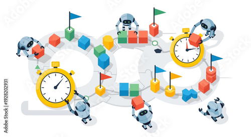 Robots racing through a colorful maze with clocks, blocks and flags in a playful illustration viewed from a top-down perspective