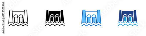 Dam Structure Multiple Style Icon Design Vector - Dam with flowing water representing hydroengineering, reservoir control, and flood prevention