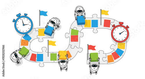 Top‑down view of colorful puzzle illustration featuring clocks, flags, and varied pieces symbolizing time management and scheduling challenges