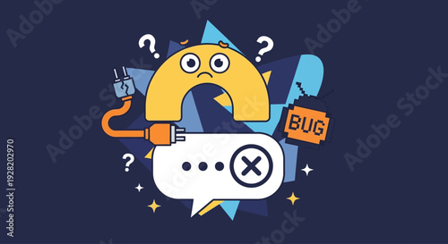 Worried Yellow Character Holding Bug Sign in Dark Blue Background, Cartoon Graphic Viewed Frontally with Speech Bubble and Starburst