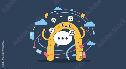 Cheerful Yellow Archway Greeting with Wave and Speechbubble Amidst Clouds and Stars in Dark Blue Digital Illustration