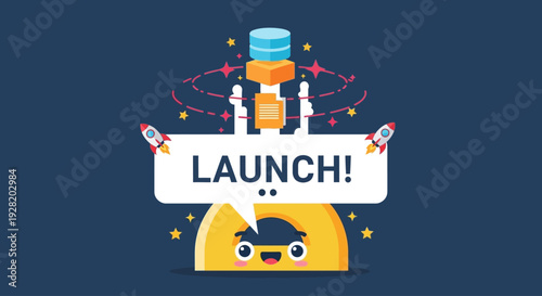 Dynamic cartoon rocket launch scene over space with celebratory banner, viewed from front perspective, bright colors and energetic design
