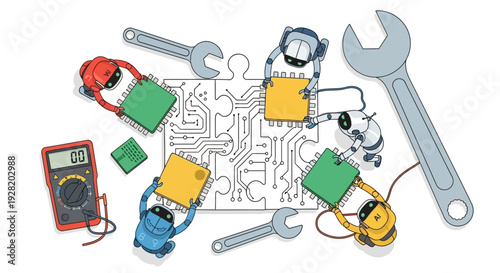 Assembling a Colorful Circuit Puzzle with Cars and Tools on a White Surface - Overhead View of Creative Problem-Solving Illustration