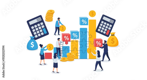 Dynamic Business People Analyzing Financial Symbols Data in a Bright Digital Illustration from a Front-View Perspective