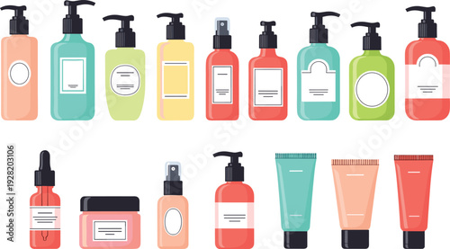 Set of cosmetic pump bottle and skincare packaging vector illustrations featuring lotion dispensers spray bottles squeeze tubes and serum jars isolated on white