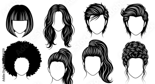 Collection of Diverse Hairstyles Illustrated Black And White.