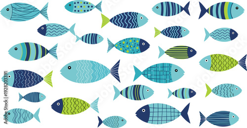 Colorful Tropical Fish Collection with Striped and Patterned Sea Animals Cartoon Vector Illustration Set