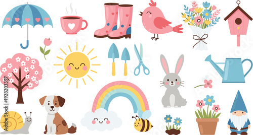 Spring Garden Elements Collection with Flowers, Bird, Bunny, Rainbow, Sun and Cute Nature Icons Vector Illustration Set