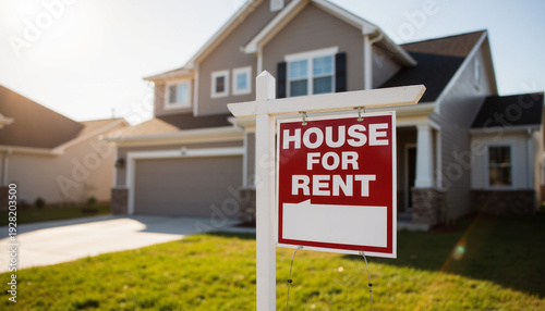 Rental Property Sign in Front of Modern House for Residential Lease