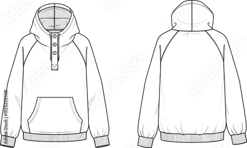 Classic Pullover Hoodie Technical Flat Sketch Front and Back View with Kangaroo Pocket Apparel Design Template
