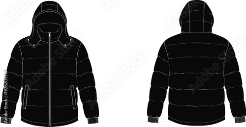 Black Hooded Puffer Jacket Technical Flat Sketch Front and Back View with Quilted Panels Winter Outerwear Template