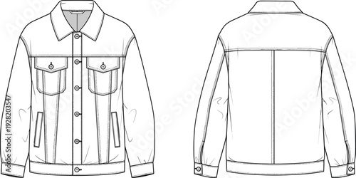 Men Classic Denim Jacket Technical Flat Sketch Front and Back View with Flap Pockets Apparel Template