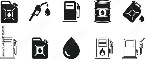 Black and white vector fuel and oil icon set featuring gas pumps, jerrycans, barrels, and droplets for industrial energy designs