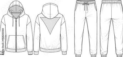 Men Hooded Tracksuit Technical Flat Sketch Set with Zip Hoodie and Jogger Pants Front and Back Views