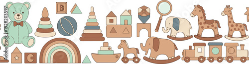 Cute Wooden Baby Toys Collection with Teddy Bear, Blocks, Rocking Horse, Train and Stacking Rings Vector Illustration Set
