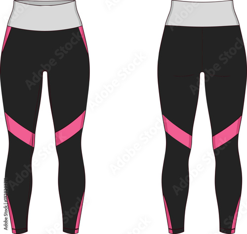Women Color Block High Waisted Leggings Technical Flat Sketch Front and Back View Activewear Apparel Template