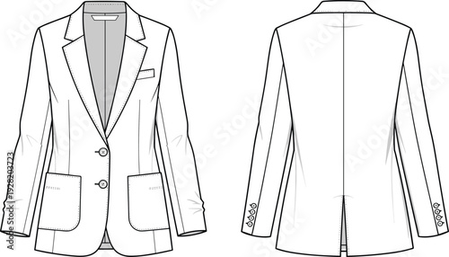 Women Classic Tailored Blazer Technical Flat Sketch Front and Back View with Notch Lapel Formal Jacket Template
