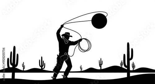 Silhouette of a cowboy swinging a lasso in the desert.