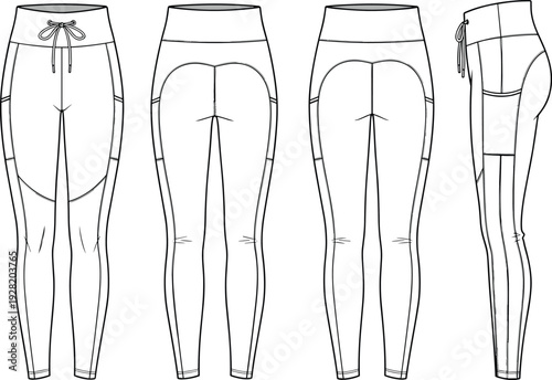 Women High Waisted Seam Detail Leggings Technical Flat Sketch with Multiple Views Activewear Apparel Template