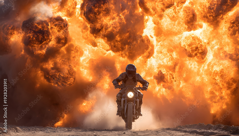 Fototapeta premium motorcycle rider speeding away from a massive explosion. Action movie stunt with fire and smoke.