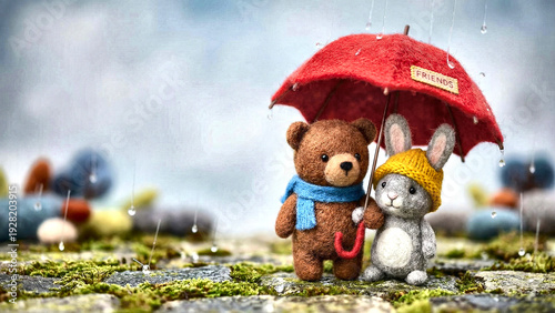 Two Felted Dolls Sharing Umbrella