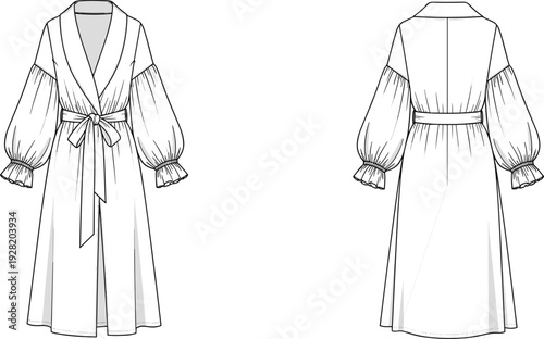 Women Wrap Midi Dress Technical Flat Sketch with Belted Waist and Puff Sleeves Front and Back View