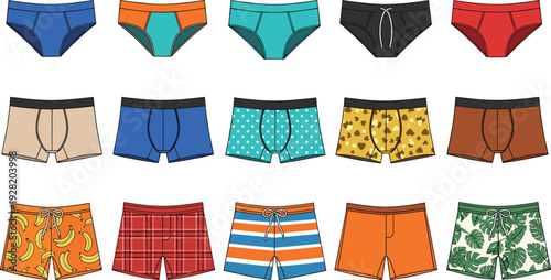 Set of men's underwear and swimwear vector illustrations featuring diverse styles including briefs boxer briefs and patterned swim trunks on white background