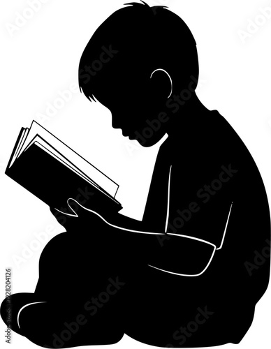 Silhouette of Boy Engrossed in Reading a Book, Sitting Comfortably, Focused on Story