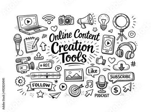 Online content creation tools, hand drawn doodle elements set, center hand-lettered title, black & white vector line art, bold