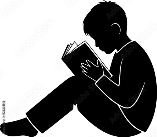 Silhouette of Boy Engrossed in Reading a Book, Sitting Comfortably, Focused on Story