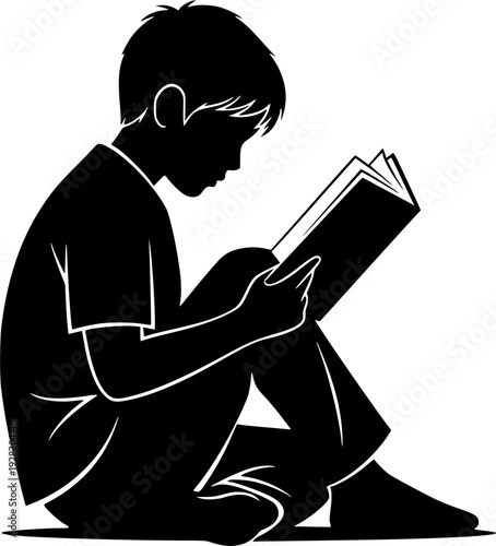 Silhouette of Boy Engrossed in Reading a Book, Sitting Comfortably, Focused on Story